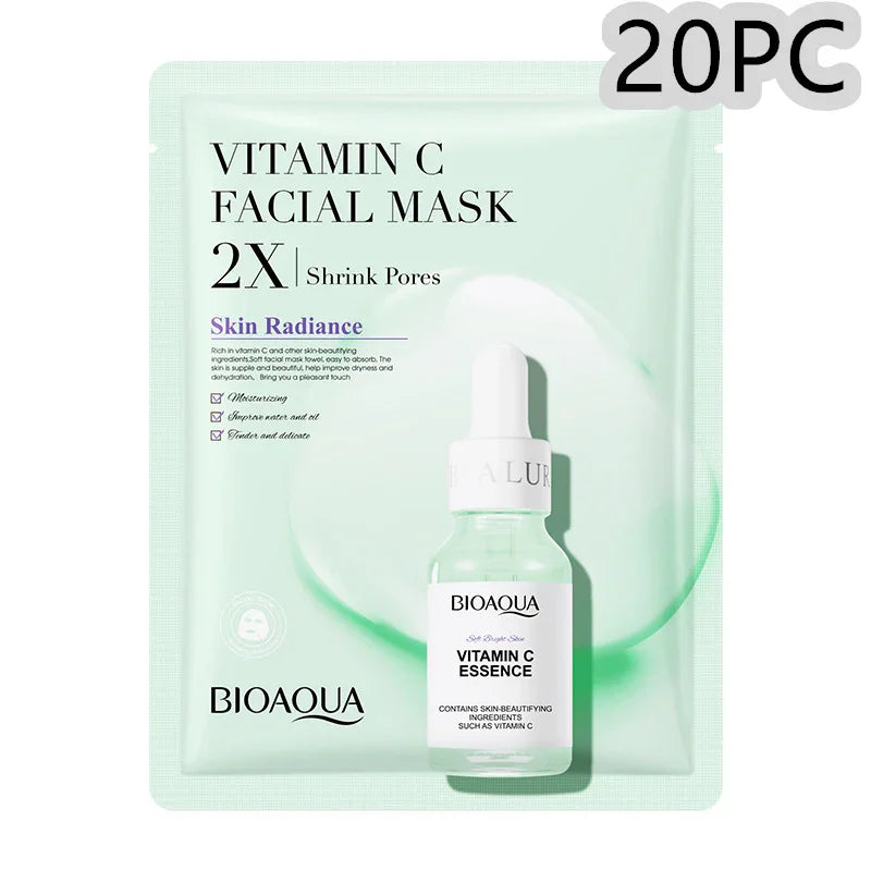 BIOAQUA Vitamin C facial mask and essence serum pack, 20 pieces, premium skincare product.- Collagen Face Mask Moisturizing Firming Face Sheet Mask Hyaluronic Acid Facial Masks Beauty Skin Care Gel Skin Care