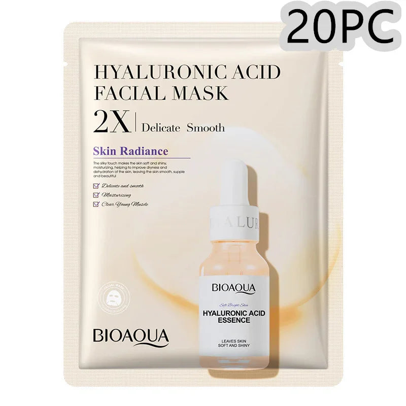 BIOAQUA Hyaluronic Acid Facial Mask 20-pack for moisturizing and skin radiance, SouqFinds- Collagen Face Mask Moisturizing Firming Face Sheet Mask Hyaluronic Acid Facial Masks Beauty Skin Care Gel Skin Care