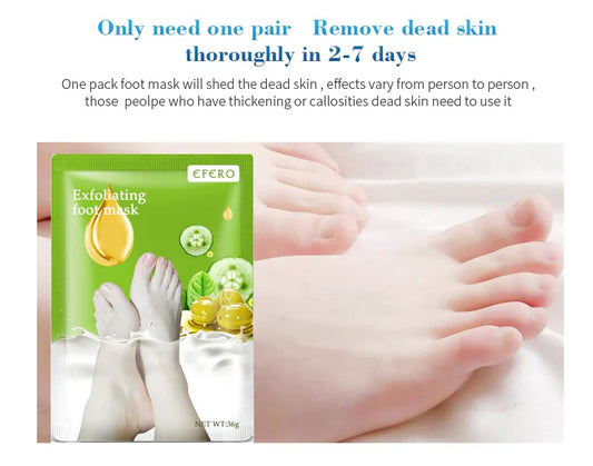 EFERO exfoliating foot mask for removing dead skin, product packaging by feet on white sheet- Exfoliating Foot Mask – SPA Pedicure Socks for Dead Skin Removal & Whitening