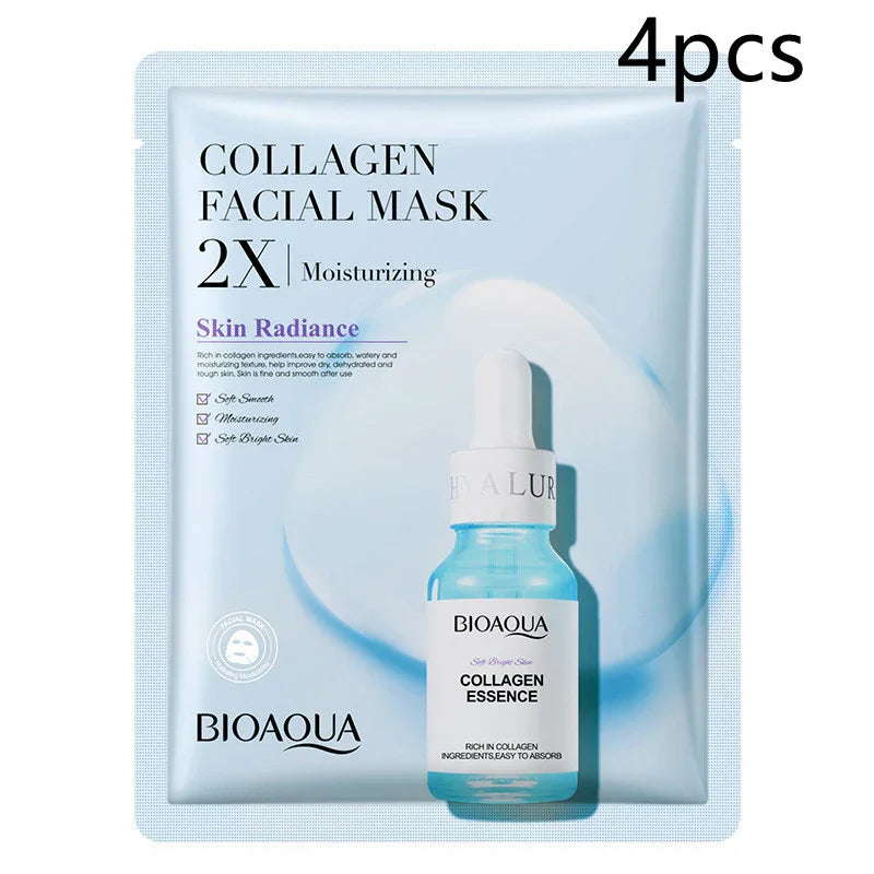 BIOAQUA Collagen Facial Mask 4pcs pack, moisturizing sheet mask and collagen essence- Collagen Face Mask Moisturizing Firming Face Sheet Mask Hyaluronic Acid Facial Masks Beauty Skin Care Gel Skin Care