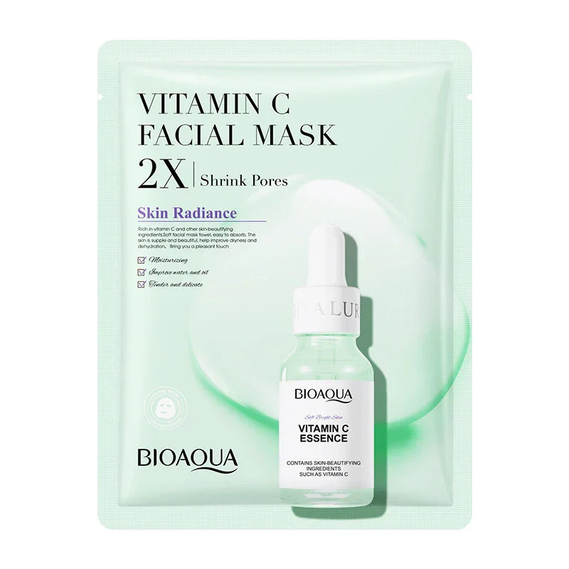 Bioaqua Vitamin C facial mask and essence for skin radiance, premium skincare at SouqFinds- Collagen Face Mask Moisturizing Firming Face Sheet Mask Hyaluronic Acid Facial Masks Beauty Skin Care Gel Skin Care