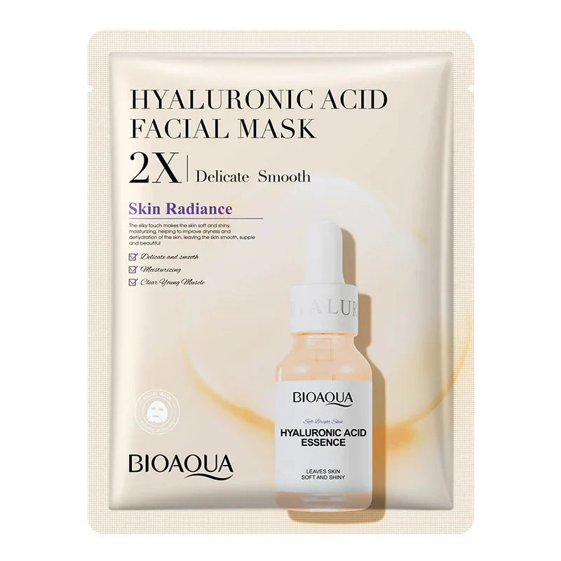 BIOAQUA Hyaluronic Acid Facial Mask product packaging with serum dropper, premium skincare at SouqFinds- Collagen Face Mask Moisturizing Firming Face Sheet Mask Hyaluronic Acid Facial Masks Beauty Skin Care Gel Skin Care