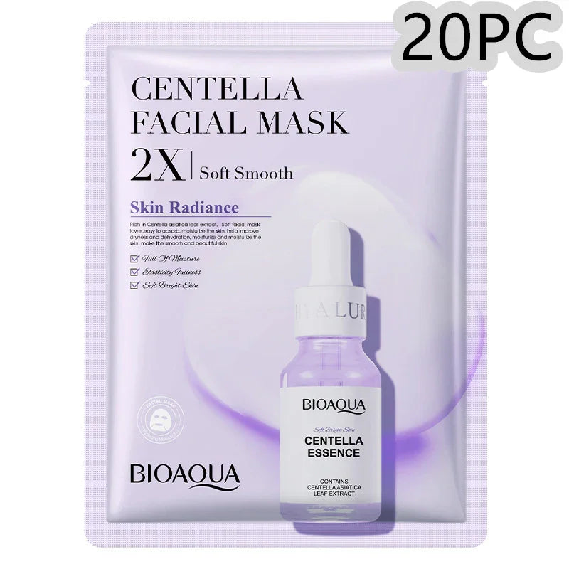 Bioaqua Centella facial mask pack with essence bottle, skin radiance, 20 pieces, SouqFinds- Collagen Face Mask Moisturizing Firming Face Sheet Mask Hyaluronic Acid Facial Masks Beauty Skin Care Gel Skin Care