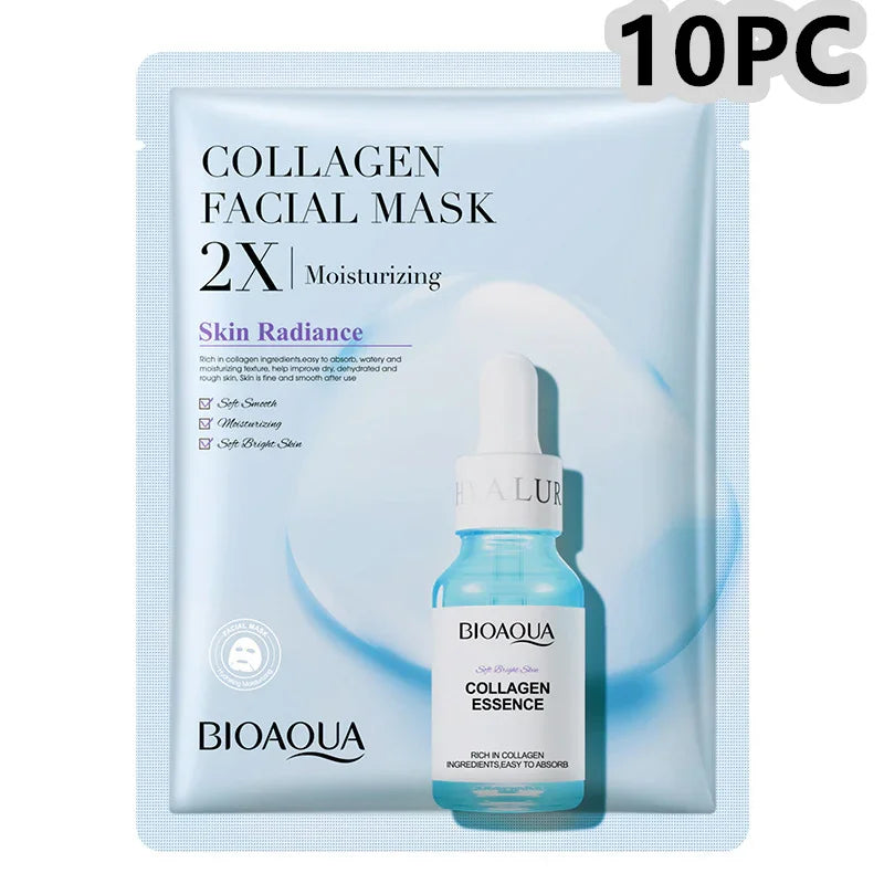 Bioaqua collagen facial mask 10 pack, moisturizing skincare, premium product at SouqFinds- Collagen Face Mask Moisturizing Firming Face Sheet Mask Hyaluronic Acid Facial Masks Beauty Skin Care Gel Skin Care