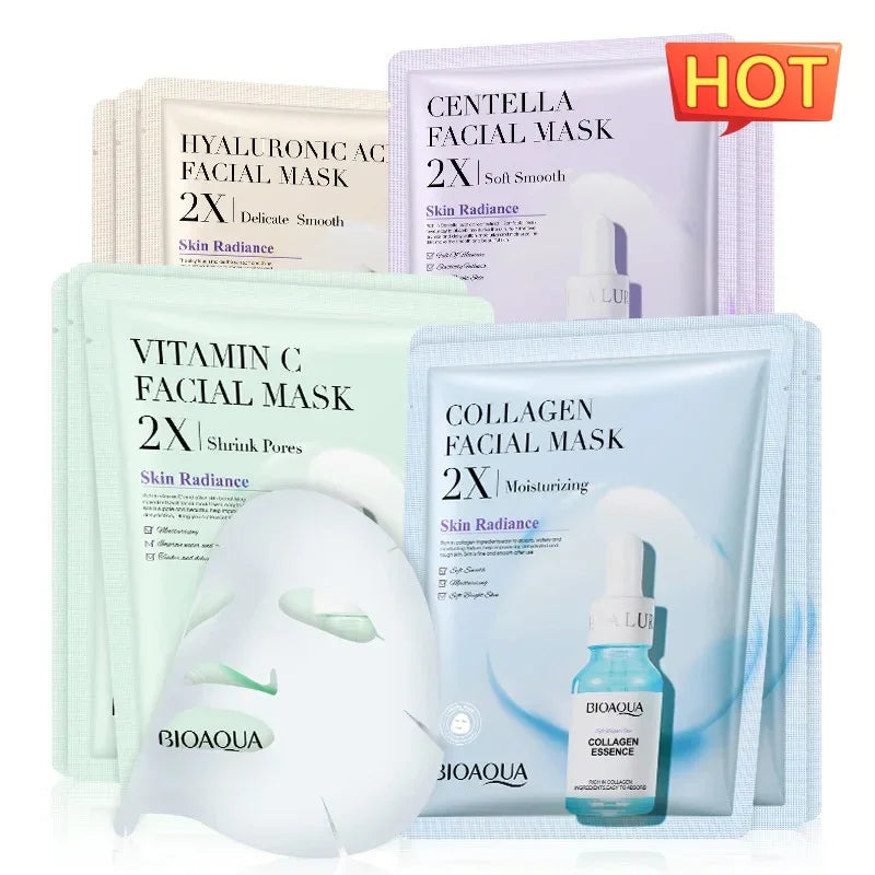 Set of Bioaqua facial masks for skincare, featuring collagen, vitamin C, centella, and hyaluronic acid, available at SouqFinds.- Collagen Face Mask Moisturizing Firming Face Sheet Mask Hyaluronic Acid Facial Masks Beauty Skin Care Gel Skin Care
