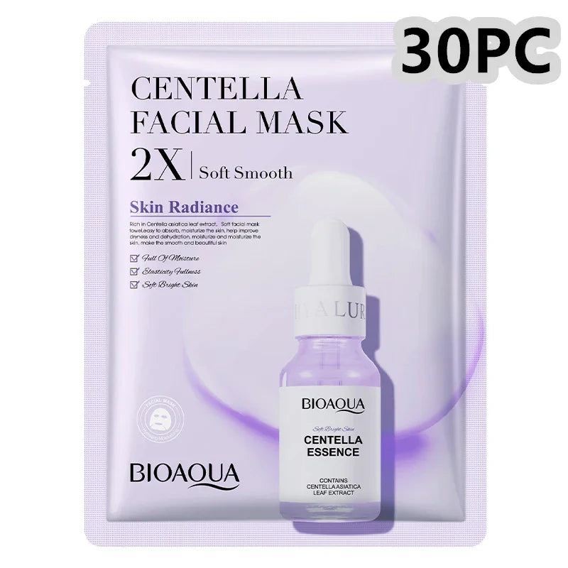 BIOAQUA Centella Facial Mask 30-pack for skin radiance, premium skincare from SouqFinds- Collagen Face Mask Moisturizing Firming Face Sheet Mask Hyaluronic Acid Facial Masks Beauty Skin Care Gel Skin Care