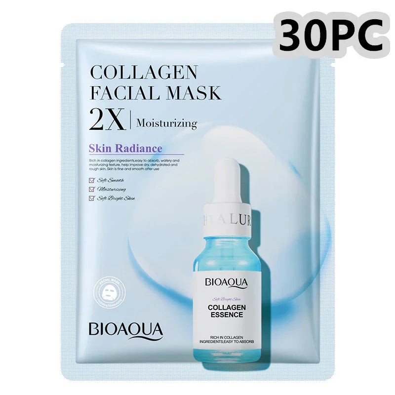 BIOAQUA collagen facial mask pack for skin radiance and moisturizing, 30 pieces, SouqFinds- Collagen Face Mask Moisturizing Firming Face Sheet Mask Hyaluronic Acid Facial Masks Beauty Skin Care Gel Skin Care