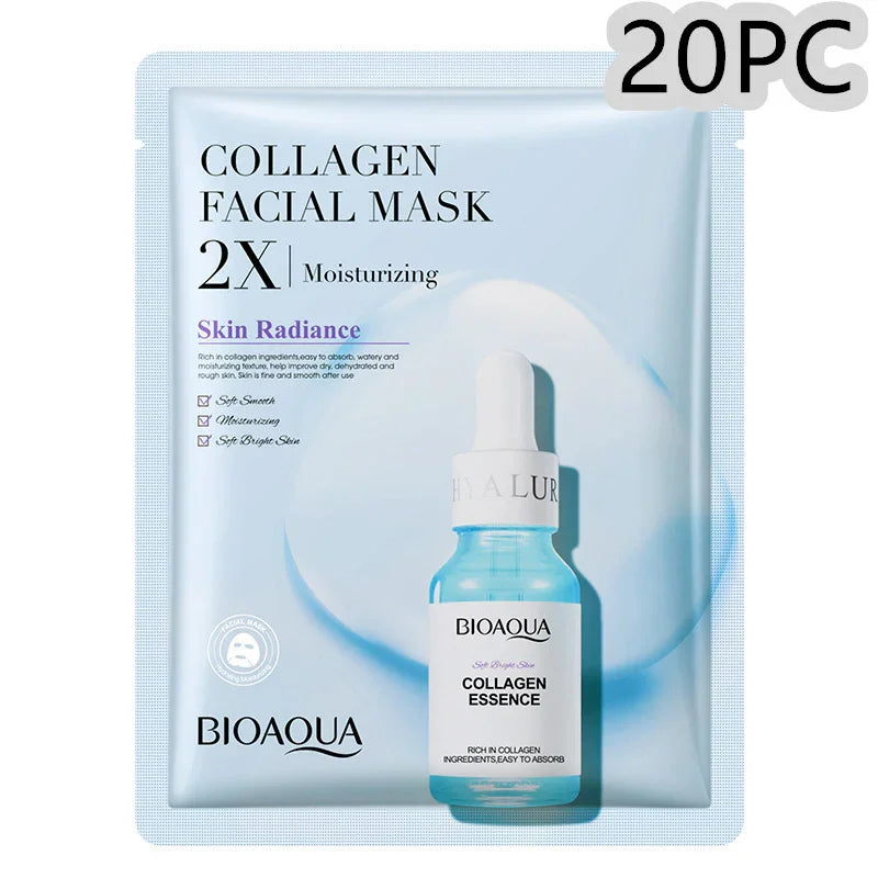 Bioaqua collagen facial mask 20 pack with moisturizing essence, available at SouqFinds- Collagen Face Mask Moisturizing Firming Face Sheet Mask Hyaluronic Acid Facial Masks Beauty Skin Care Gel Skin Care