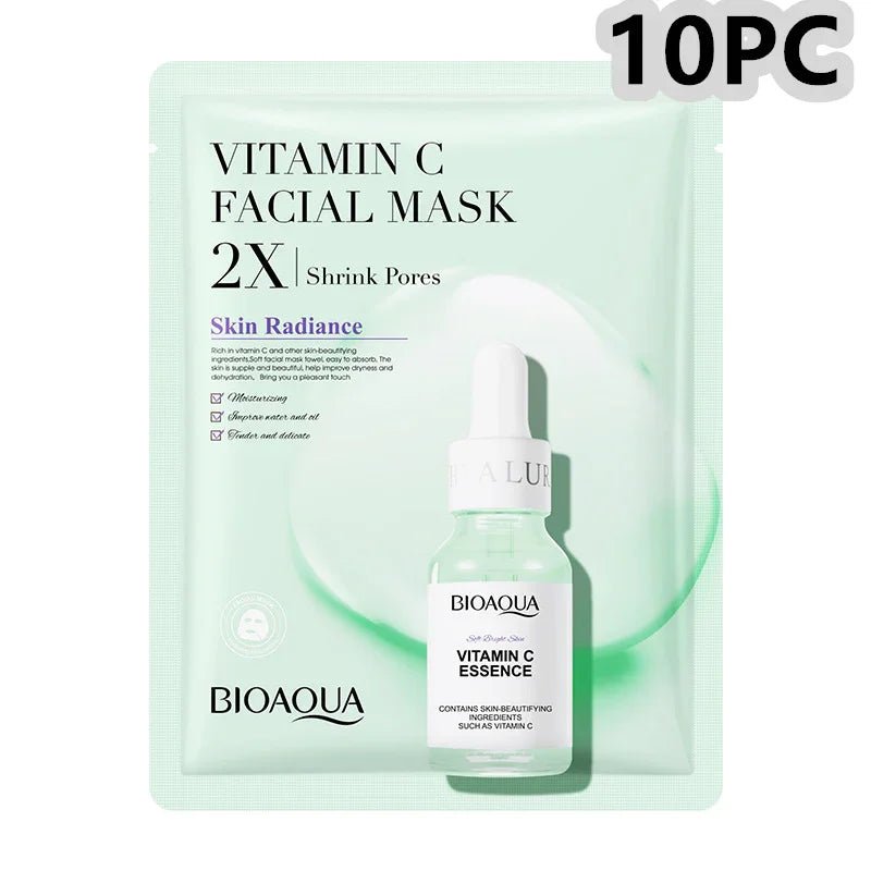 Bioaqua Vitamin C facial mask and essence set, skincare product, 10 pack, SouqFinds- Collagen Face Mask Moisturizing Firming Face Sheet Mask Hyaluronic Acid Facial Masks Beauty Skin Care Gel Skin Care