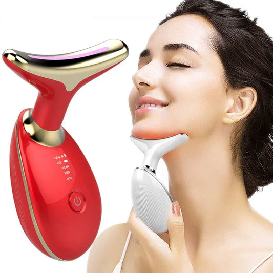 Woman using electric face massager on jawline, SouqFinds trending skincare device- EMS Thermal Neck Lifting & Tightening Massager | Electric Microcurrent Wrinkle Remover- EMS Thermal Neck Lifting & Tightening Massager | Electric Microcurrent Wrinkle Remover